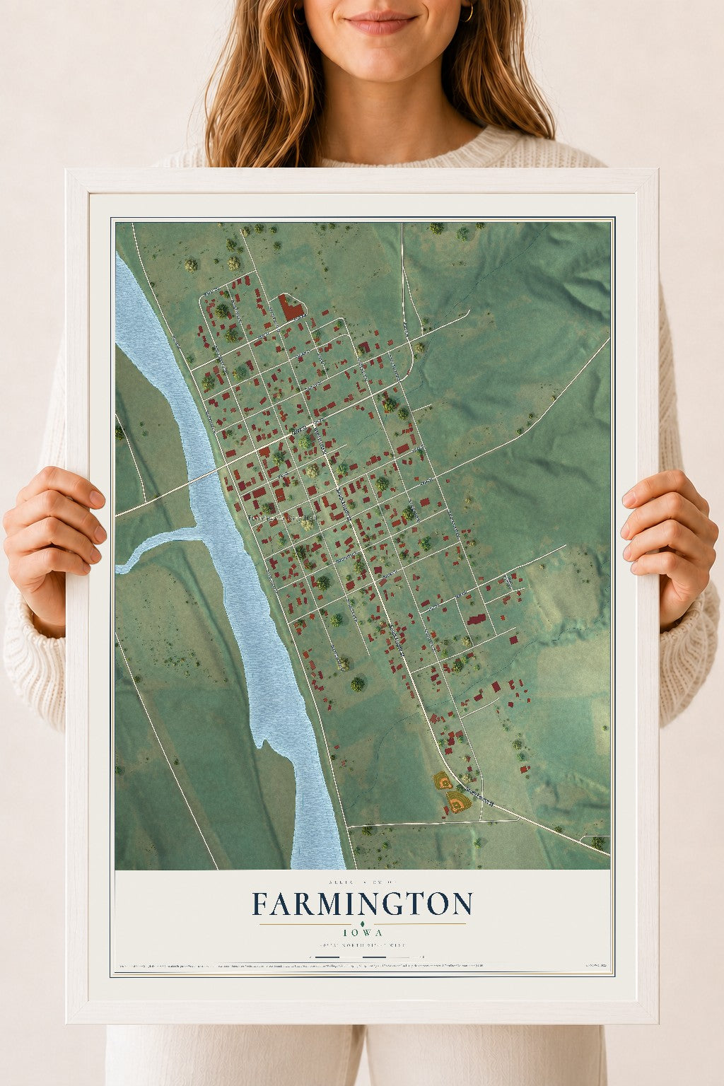 Map of Farmington, Iowa, 18 x 24 inch print in a white wood frame