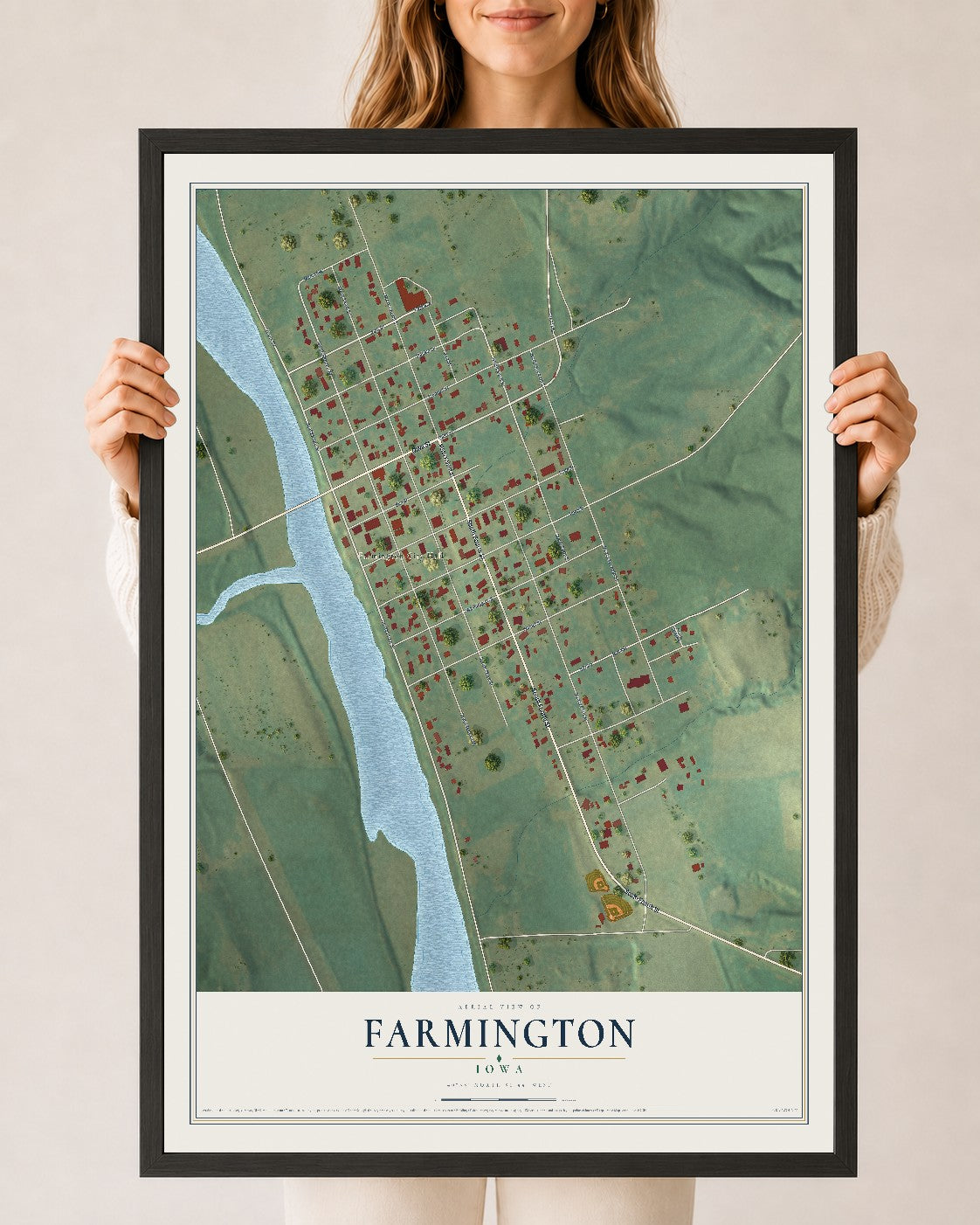 Map of Farmington, Iowa, 24 x 36 inch print in a black wood frame