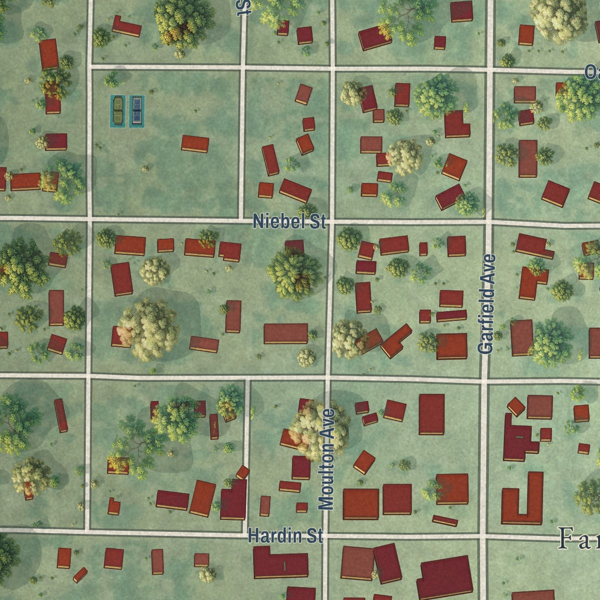 Close-up of the map of Farnhamville, Iowa print showing street and building detail