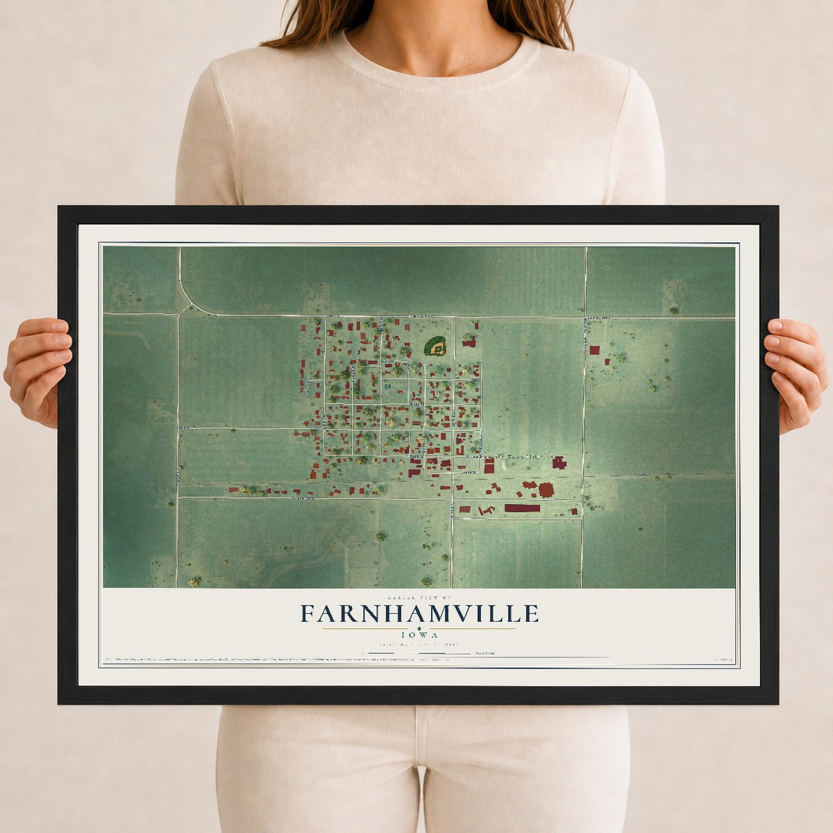 Map of Farnhamville, Iowa, 12 x 18 inch print in a black wood frame
