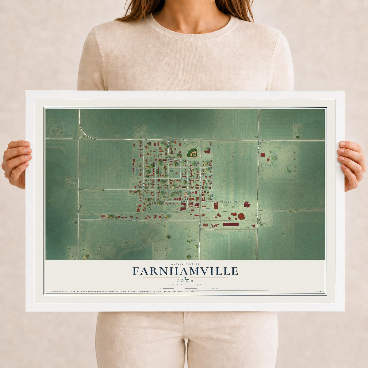 Map of Farnhamville, Iowa, 12 x 18 inch print in a white wood frame