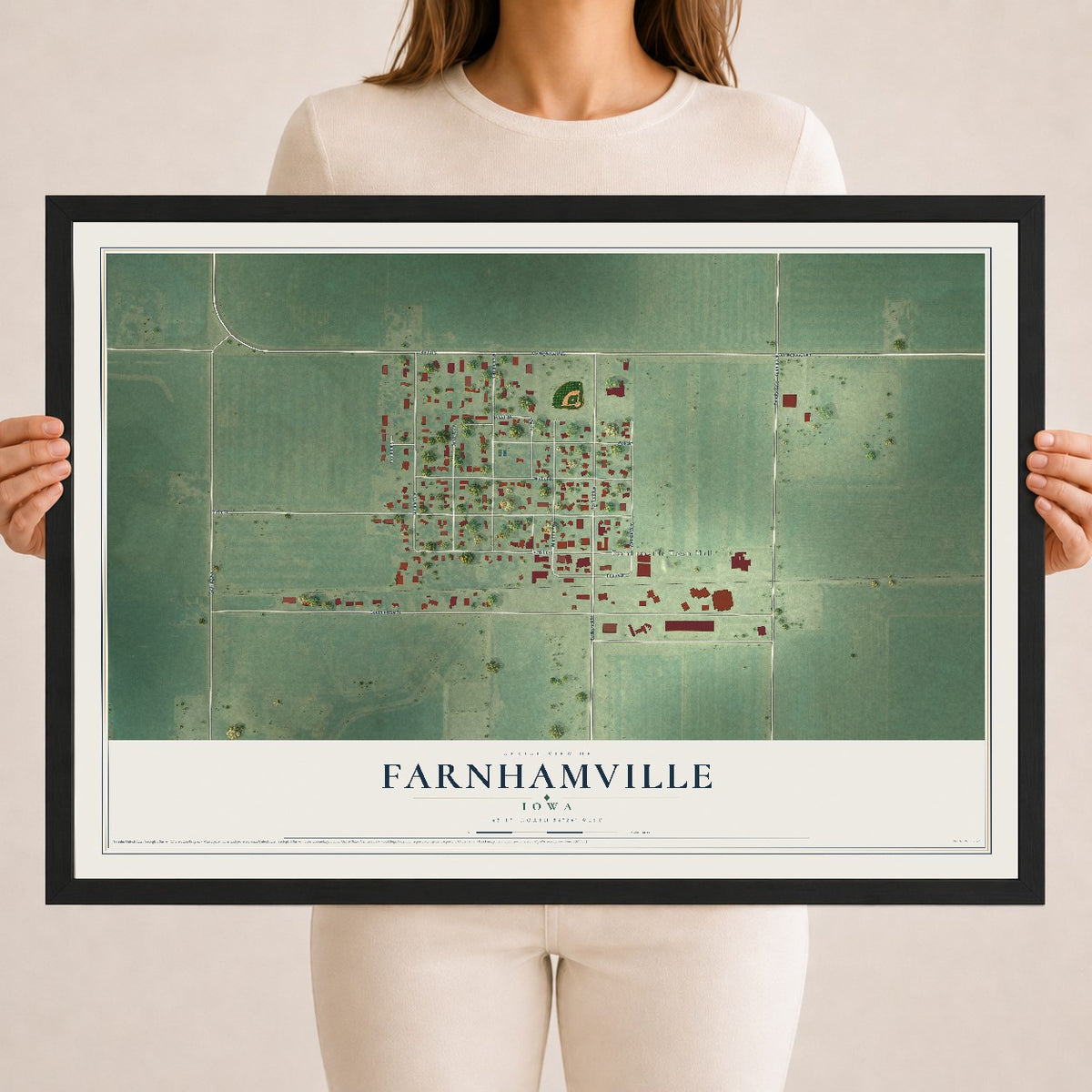 Map of Farnhamville, Iowa, 18 x 24 inch print in a black wood frame