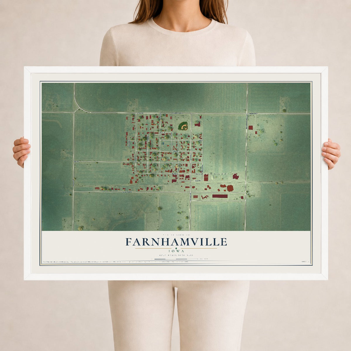 Map of Farnhamville, Iowa, 24 x 36 inch print in a white wood frame