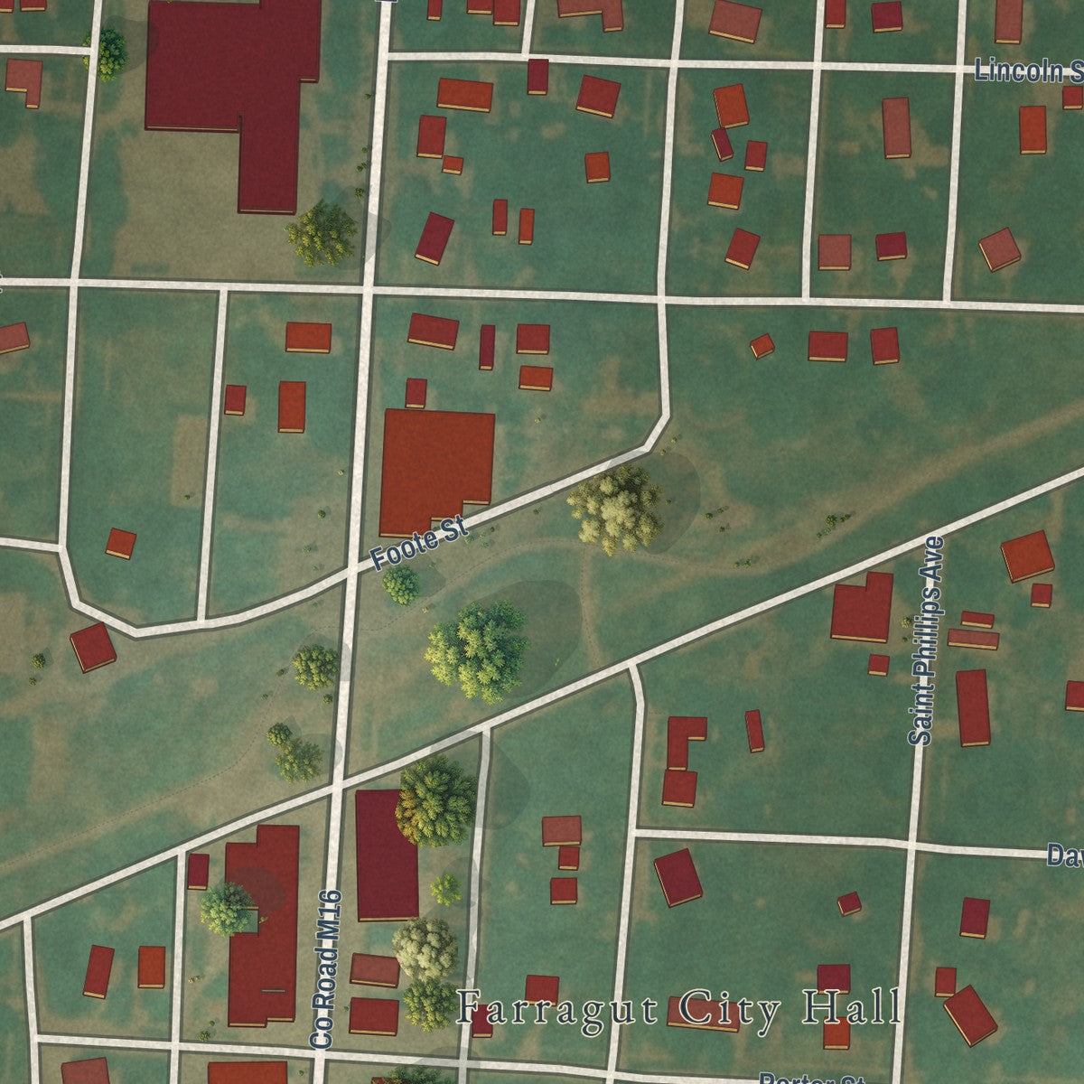 Close-up of the map of Farragut, Iowa print showing street and building detail