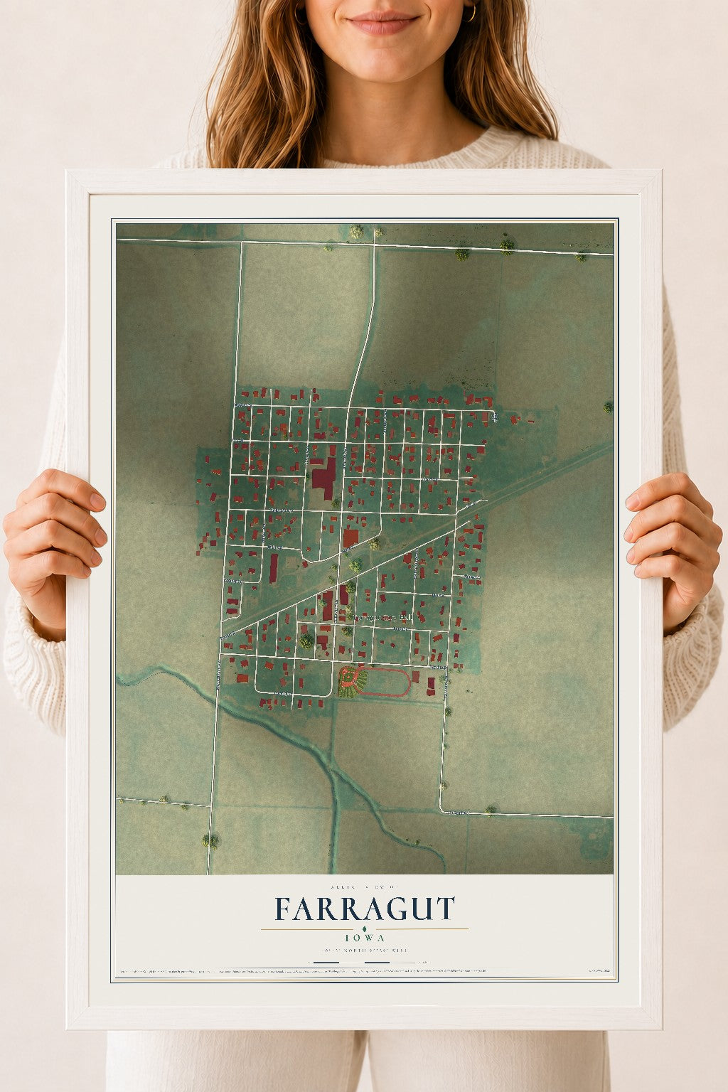 Map of Farragut, Iowa, 18 x 24 inch print in a white wood frame