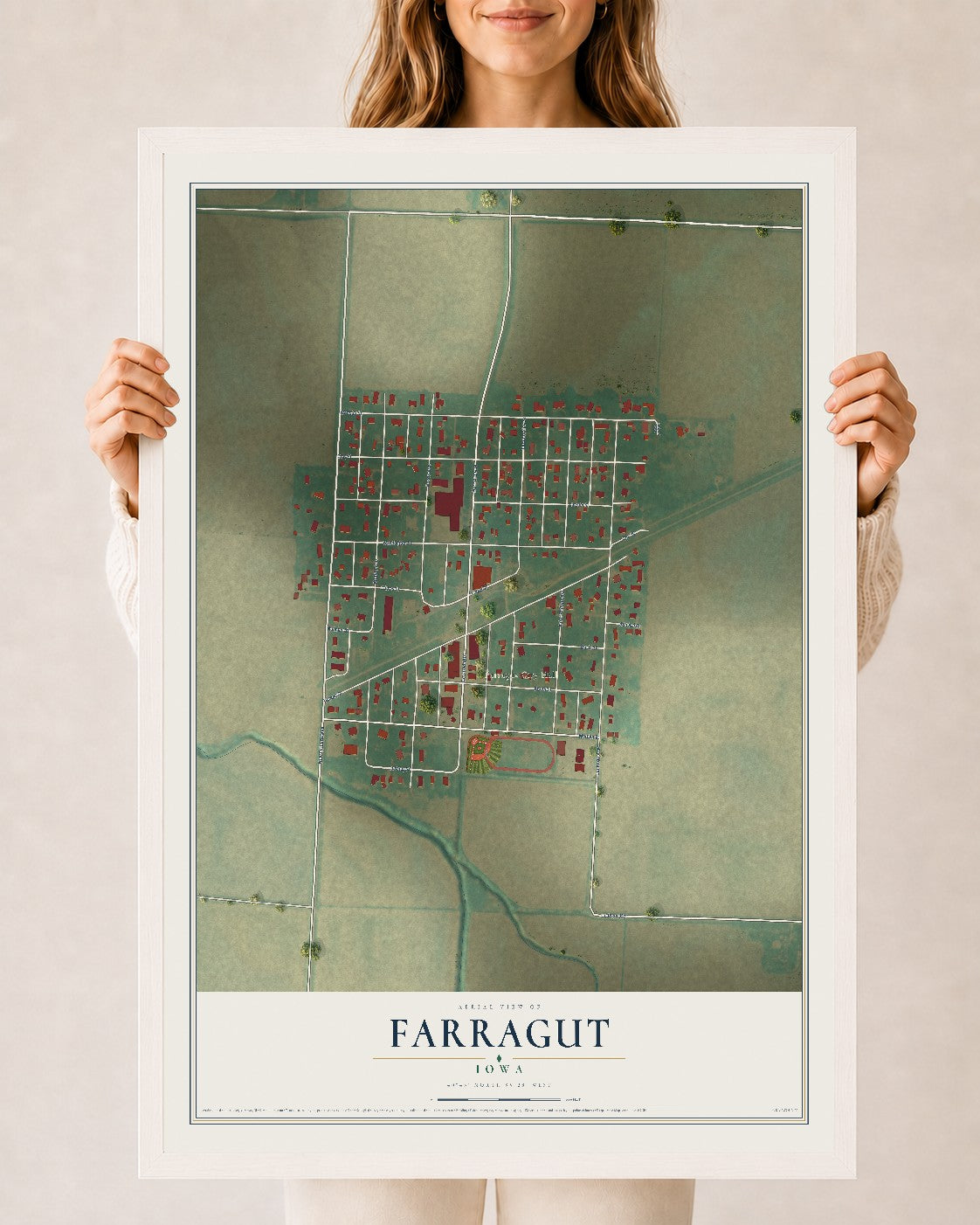 Map of Farragut, Iowa, 24 x 36 inch print in a white wood frame