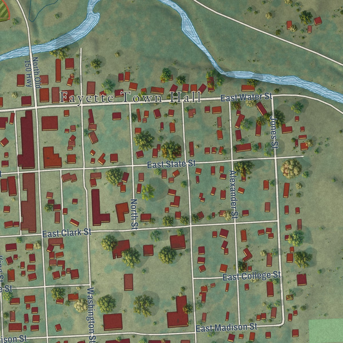 Close-up of the map of Fayette, Iowa print showing street and building detail