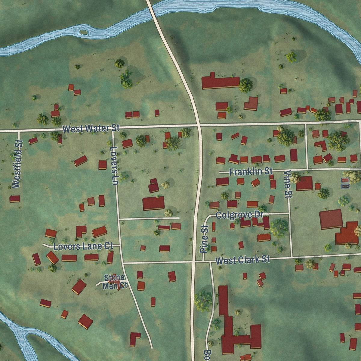 Second close-up of the map of Fayette, Iowa print showing more streets and buildings