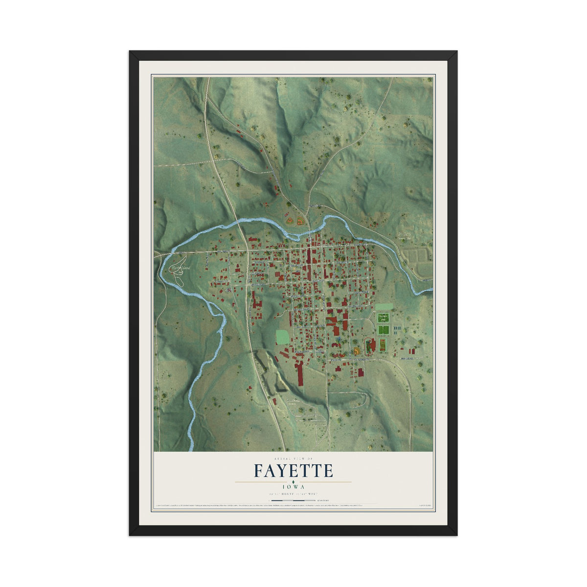 Map of Fayette, Iowa, 12 x 18 inch print in a black wood frame