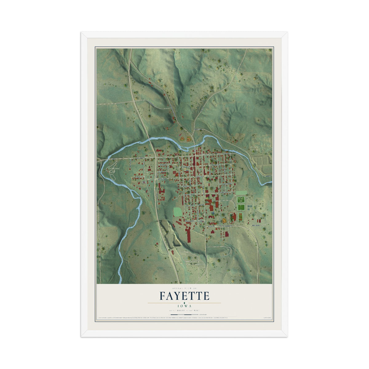 Map of Fayette, Iowa, 12 x 18 inch print in a white wood frame
