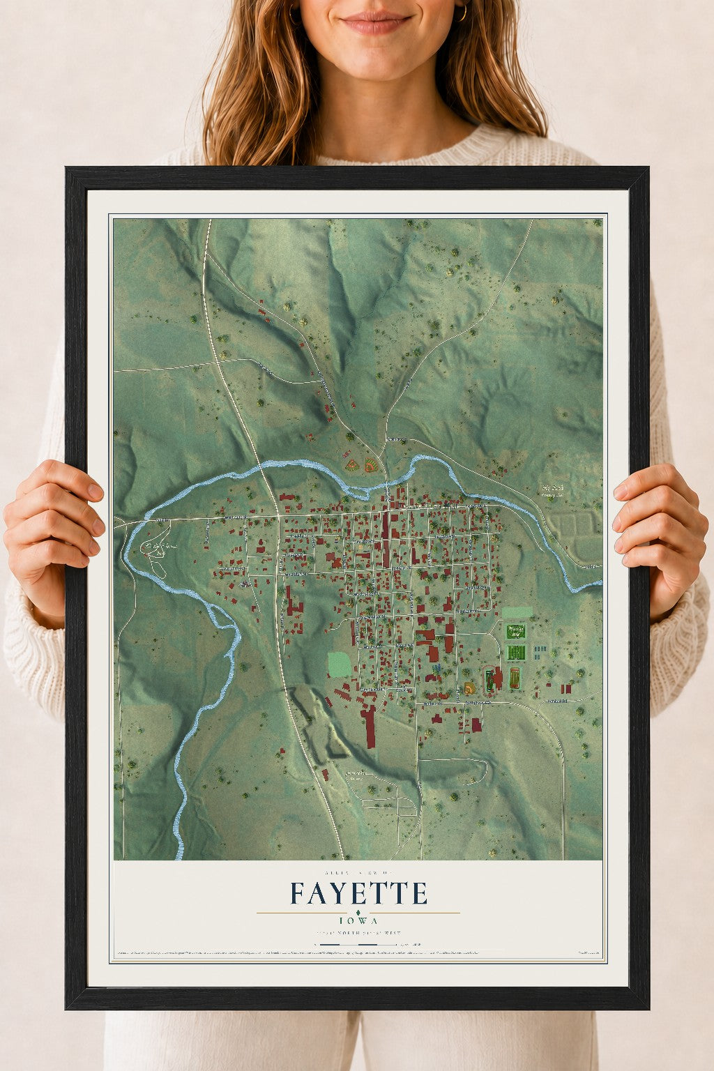 Map of Fayette, Iowa, 18 x 24 inch print in a black wood frame