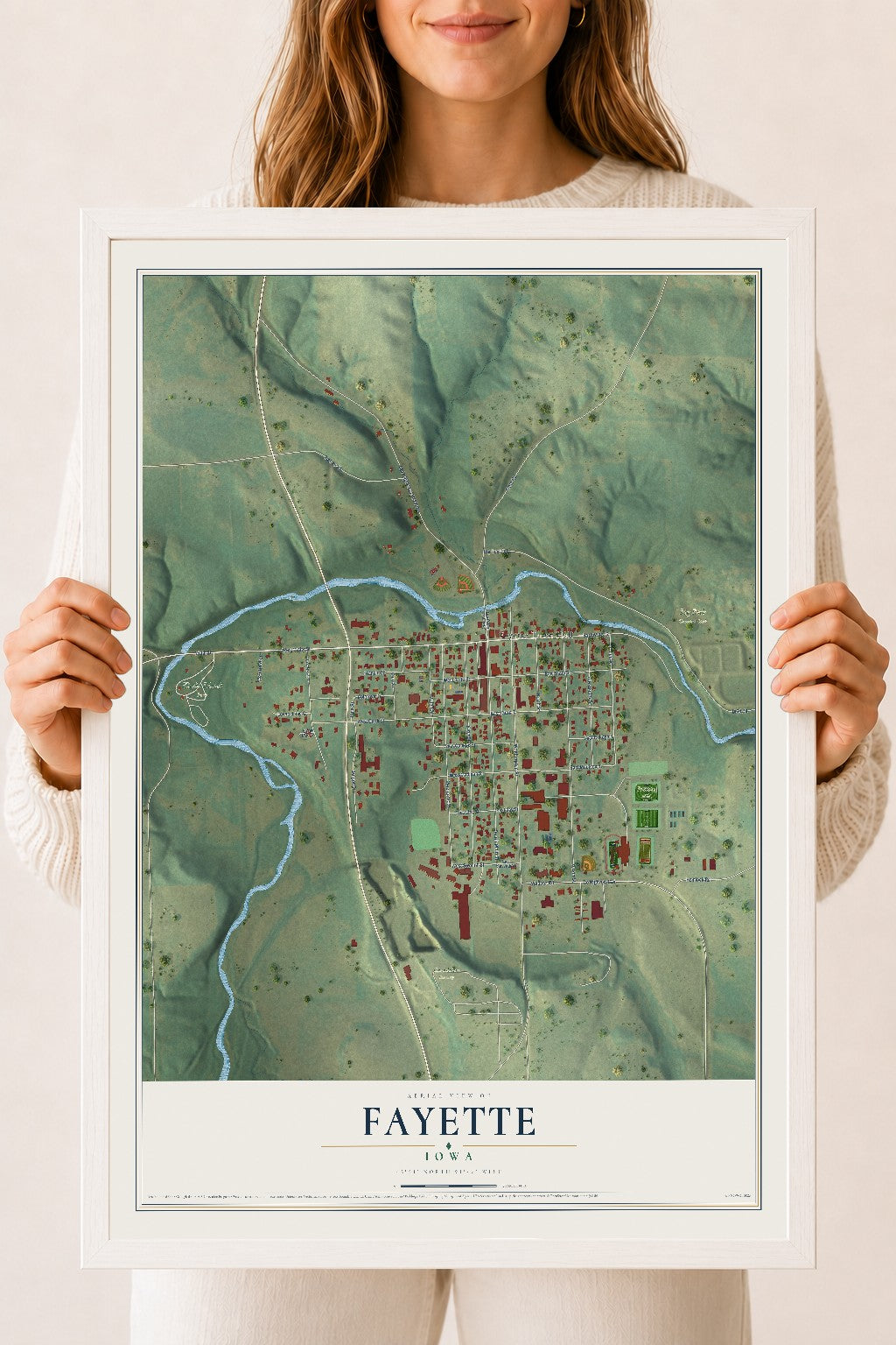 Map of Fayette, Iowa, 18 x 24 inch print in a white wood frame