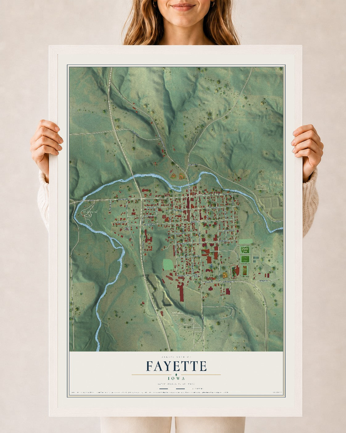 Map of Fayette, Iowa, 24 x 36 inch print in a white wood frame