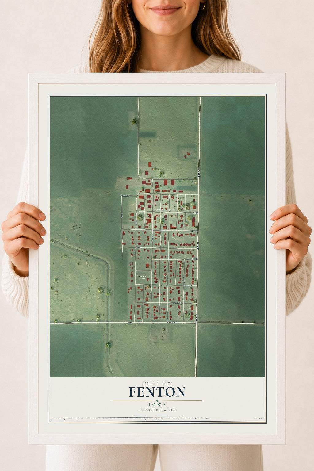 Map of Fenton, Iowa, 18 x 24 inch print in a white wood frame