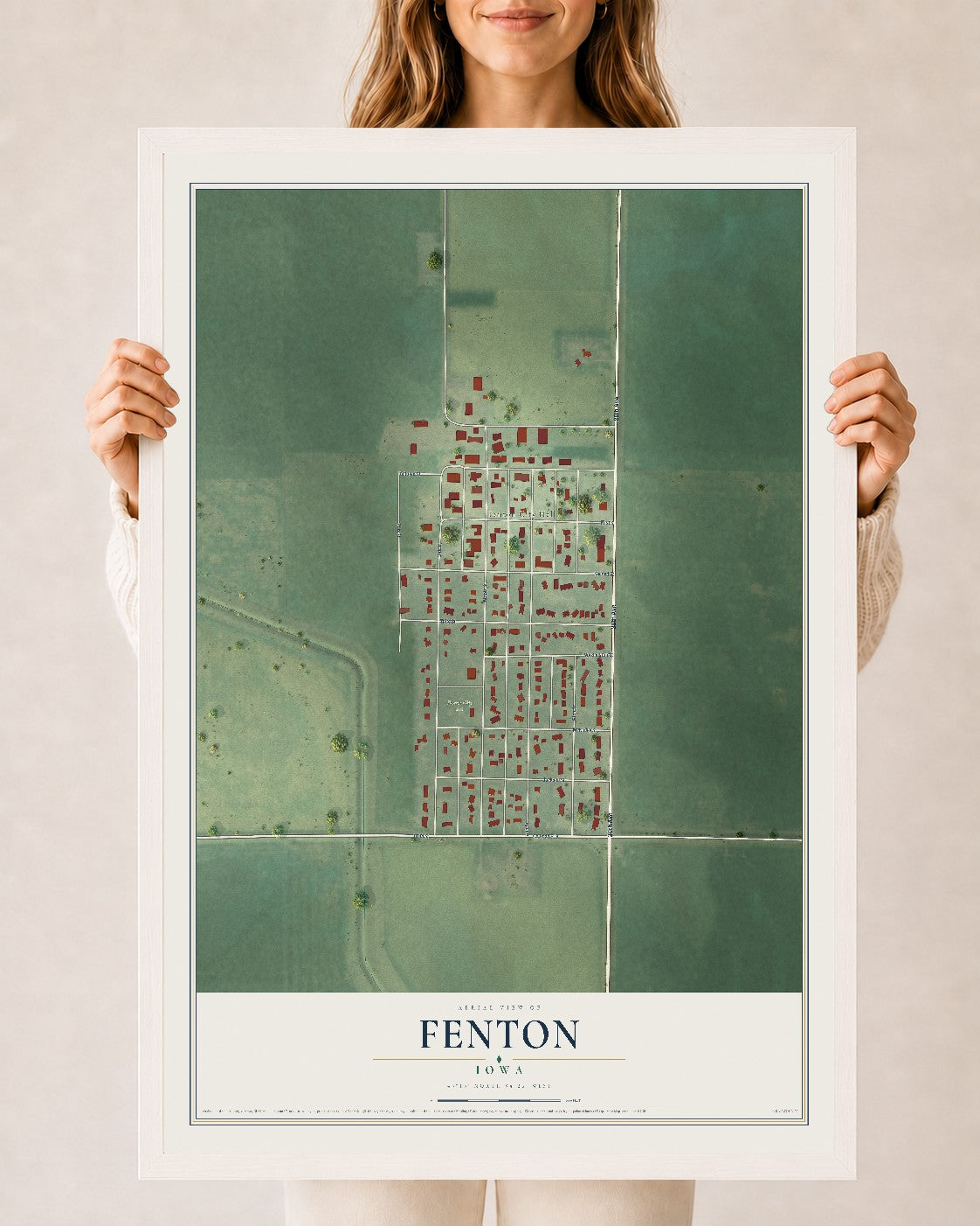 Map of Fenton, Iowa, 24 x 36 inch print in a white wood frame