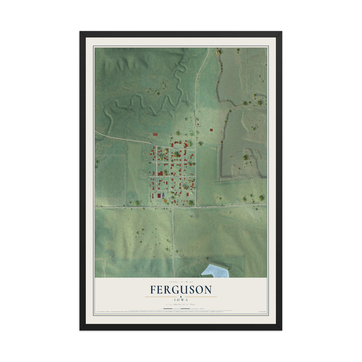 Map of Ferguson, Iowa, 12 x 18 inch print in a black wood frame