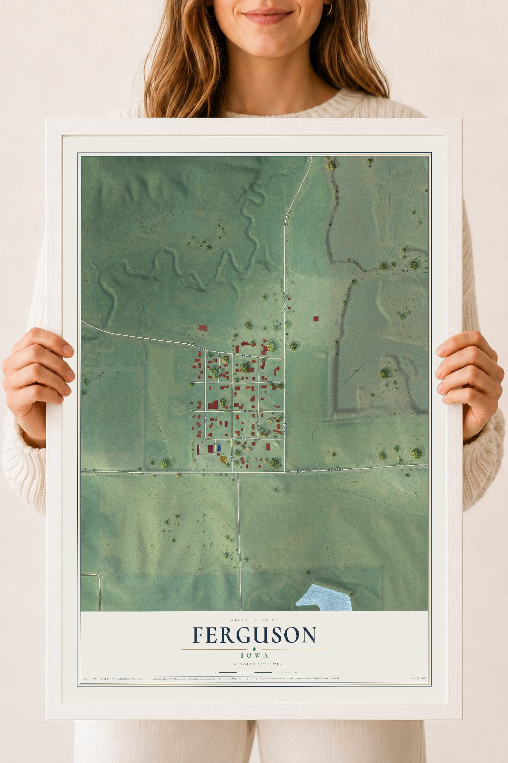Map of Ferguson, Iowa, 18 x 24 inch print in a white wood frame