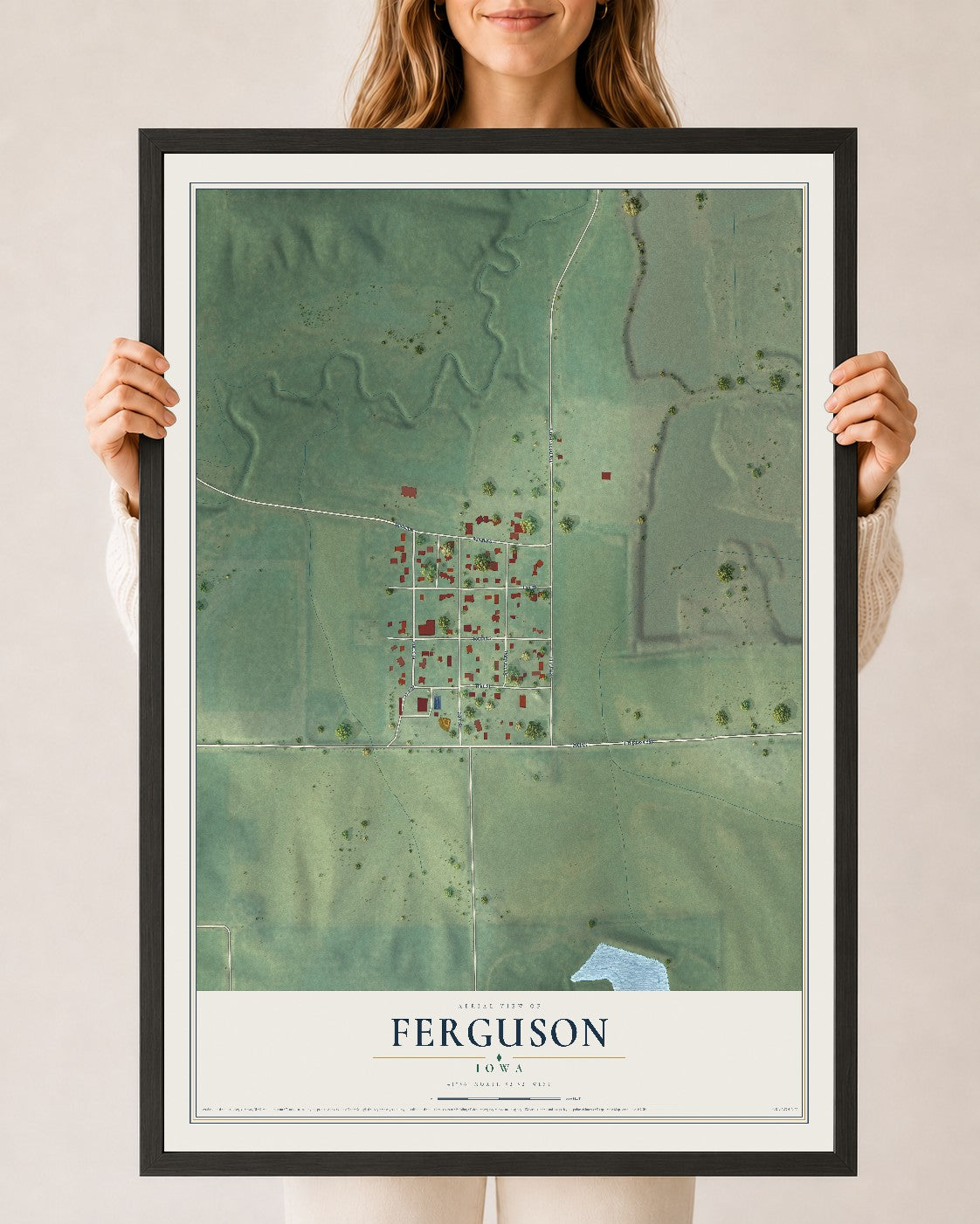 Map of Ferguson, Iowa, 24 x 36 inch print in a black wood frame