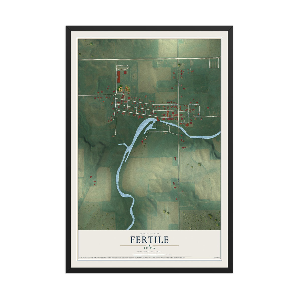 Map of Fertile, Iowa, 12 x 18 inch print in a black wood frame