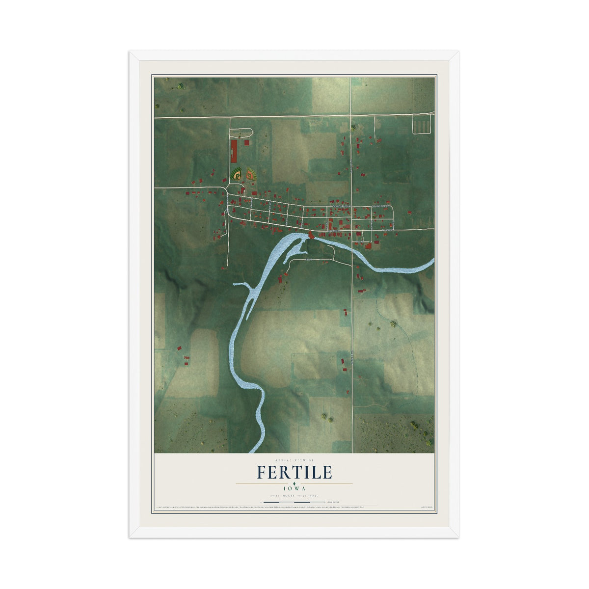 Map of Fertile, Iowa, 12 x 18 inch print in a white wood frame