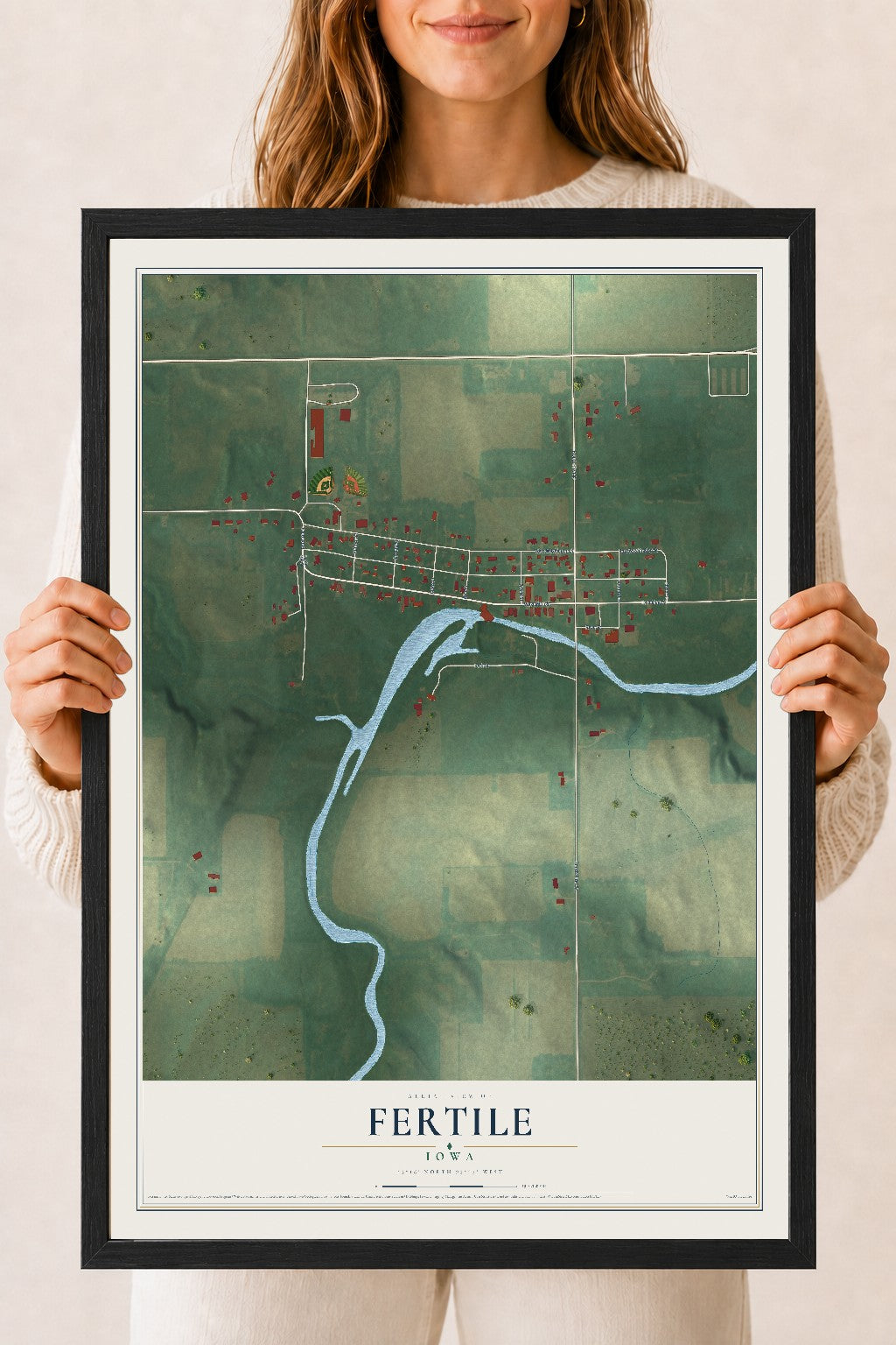 Map of Fertile, Iowa, 18 x 24 inch print in a black wood frame