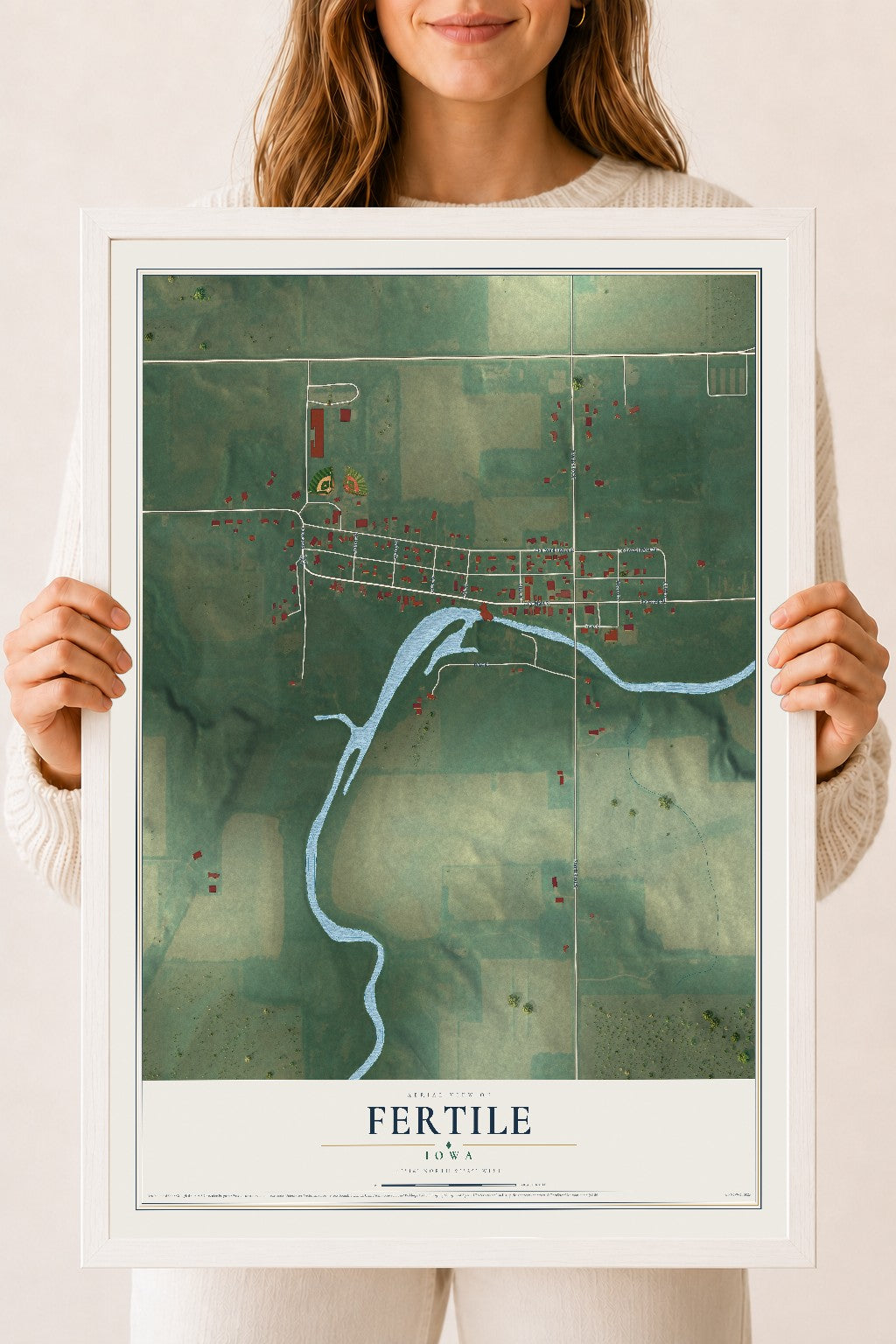 Map of Fertile, Iowa, 18 x 24 inch print in a white wood frame