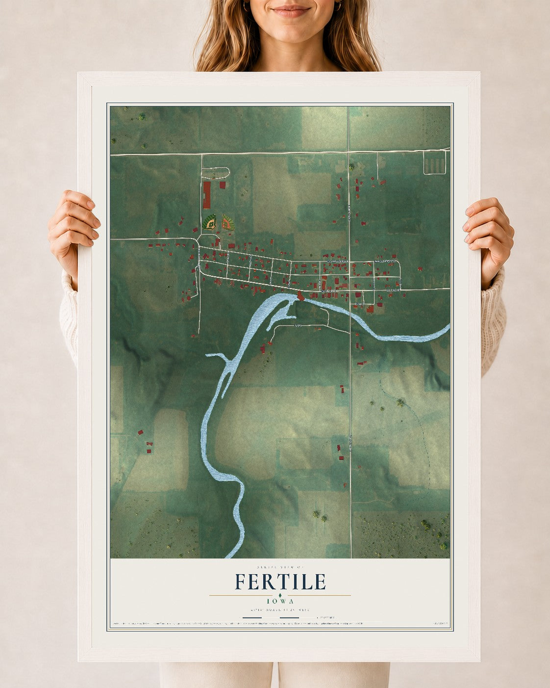 Map of Fertile, Iowa, 24 x 36 inch print in a white wood frame