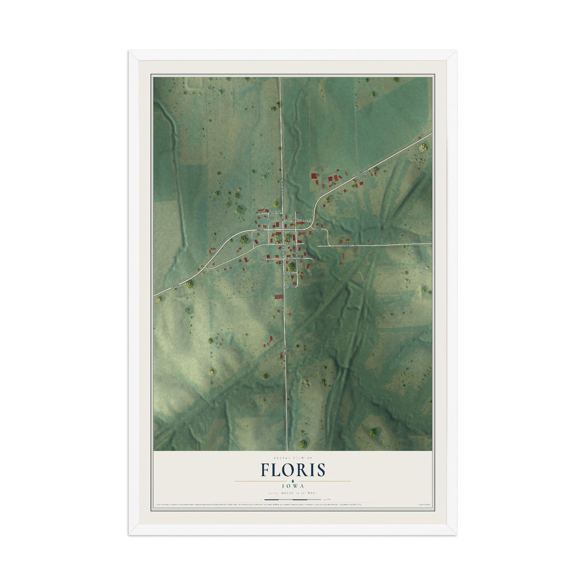 Map of Floris, Iowa, 12 x 18 inch print in a white wood frame