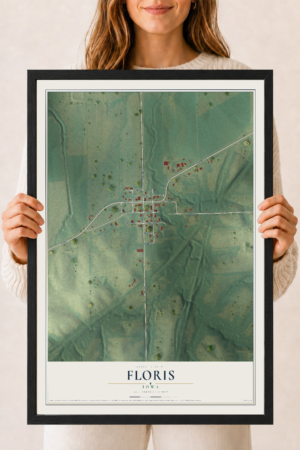 Map of Floris, Iowa, 18 x 24 inch print in a black wood frame