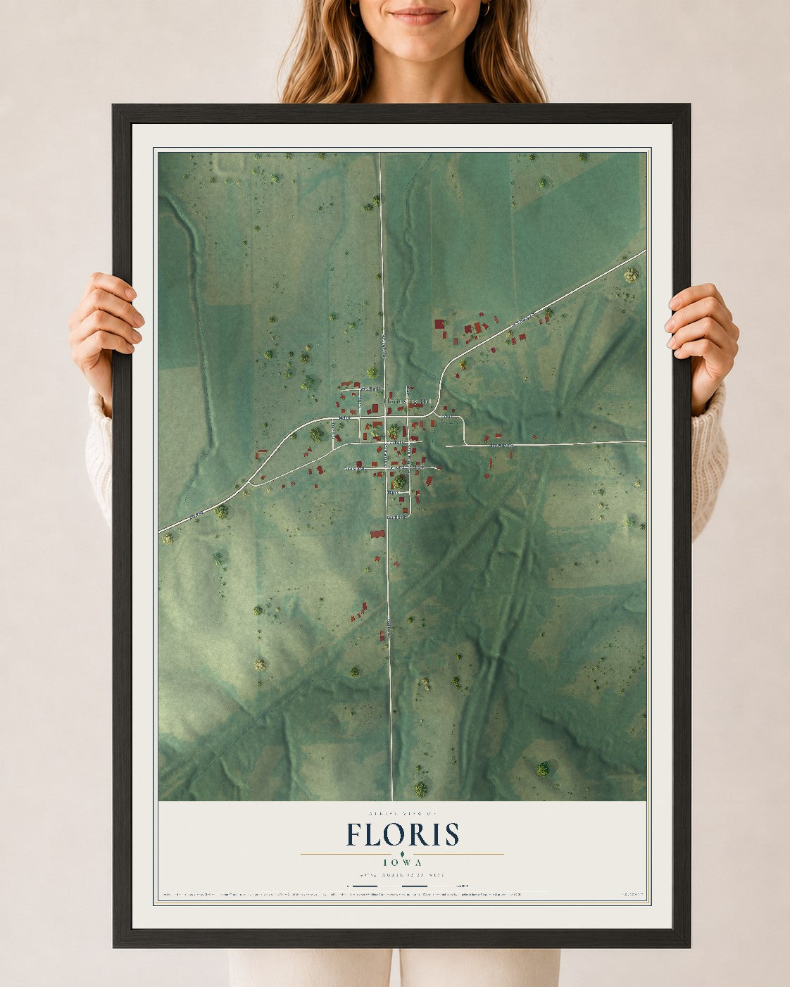 Map of Floris, Iowa, 24 x 36 inch print in a black wood frame