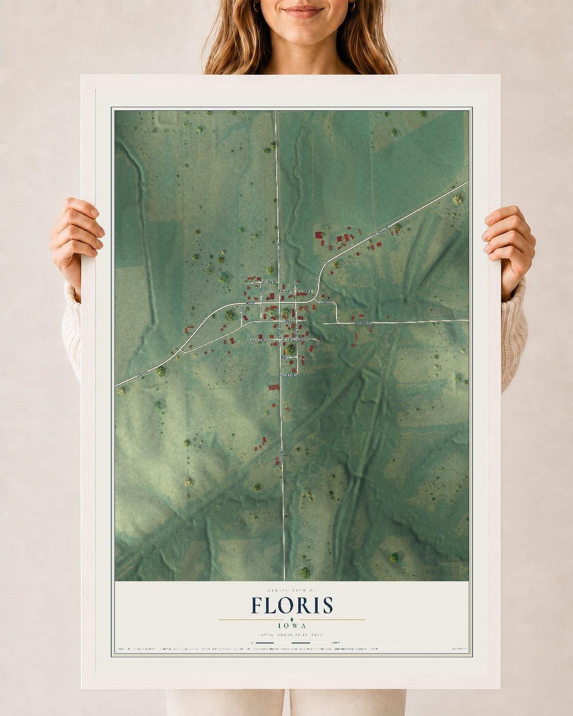 Map of Floris, Iowa, 24 x 36 inch print in a white wood frame
