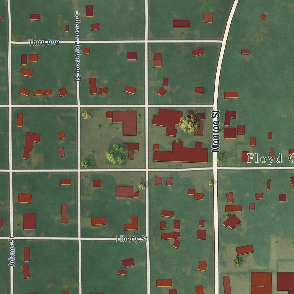 Close-up of the map of Floyd, Iowa print showing street and building detail