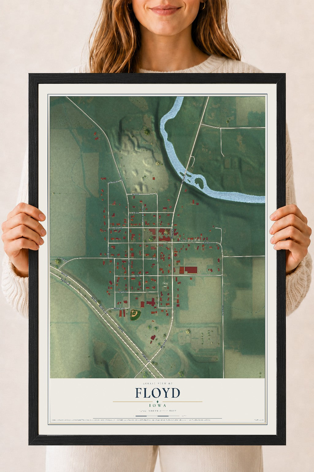 Map of Floyd, Iowa, 18 x 24 inch print in a black wood frame