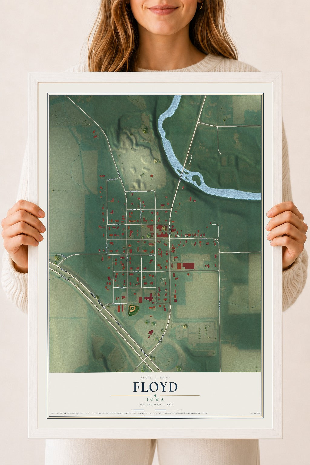 Map of Floyd, Iowa, 18 x 24 inch print in a white wood frame