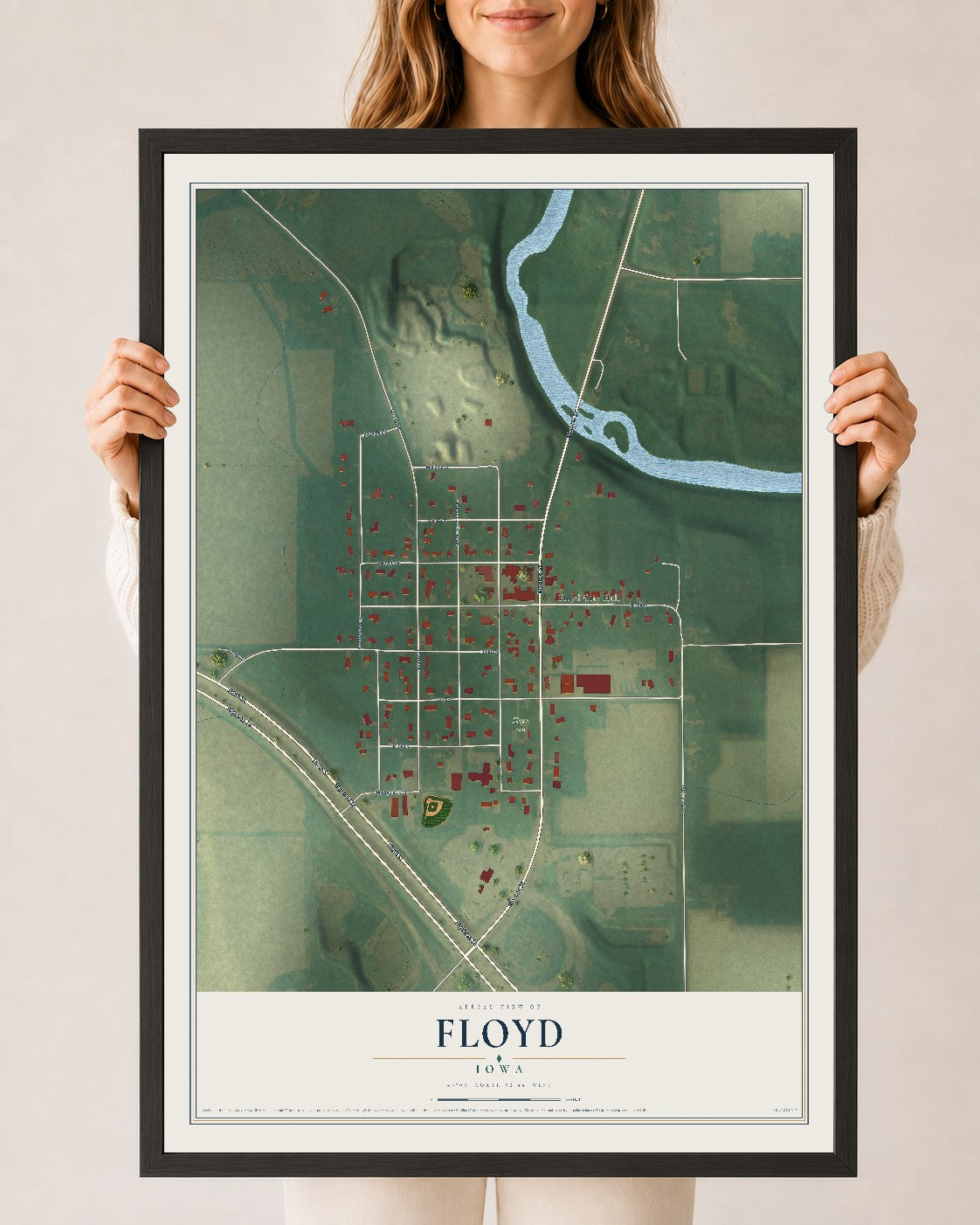 Map of Floyd, Iowa, 24 x 36 inch print in a black wood frame