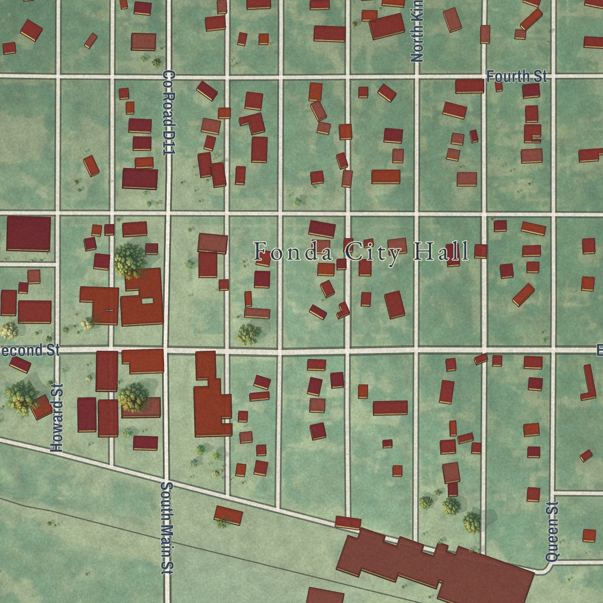 Close-up of the map of Fonda, Iowa print showing street and building detail