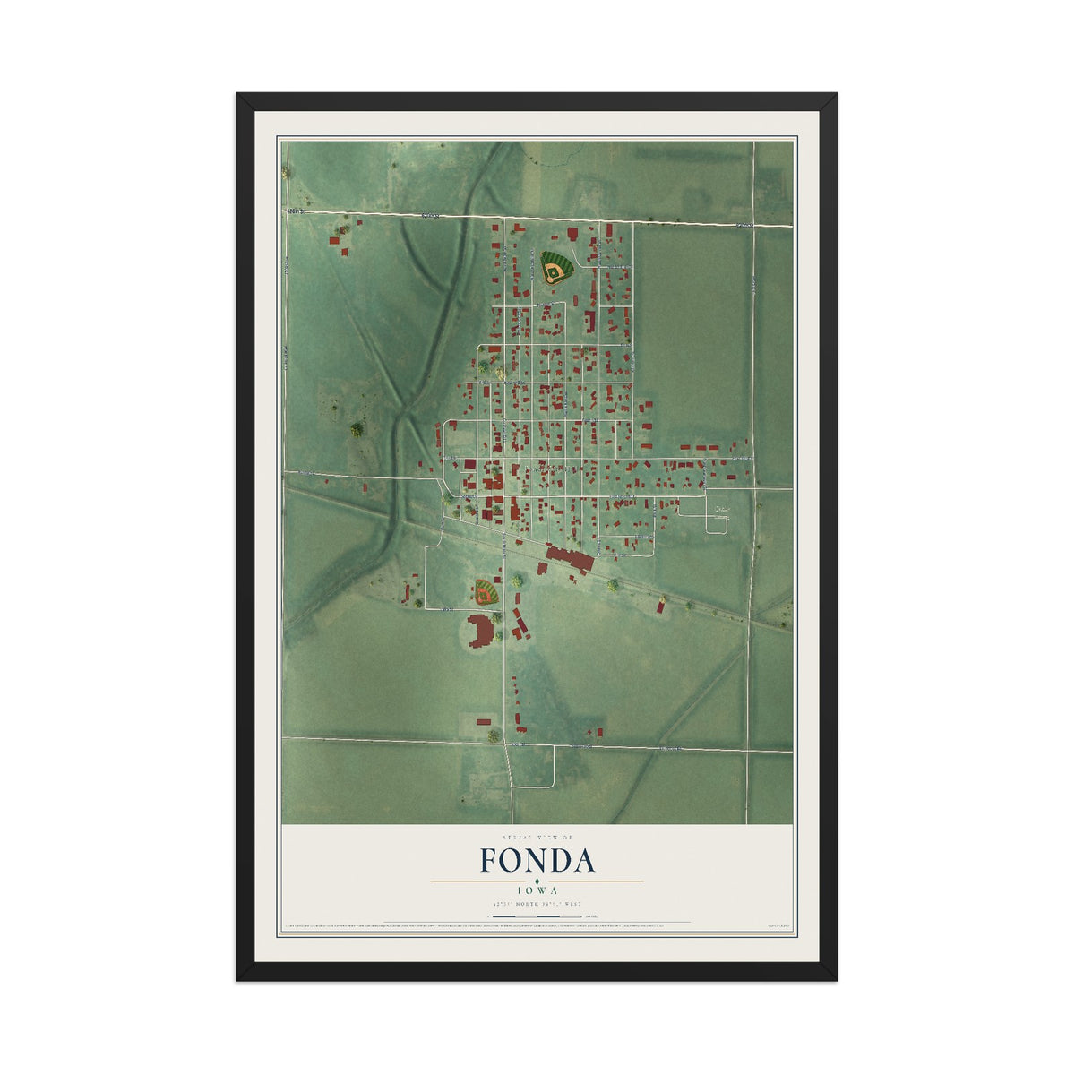 Map of Fonda, Iowa, 12 x 18 inch print in a black wood frame