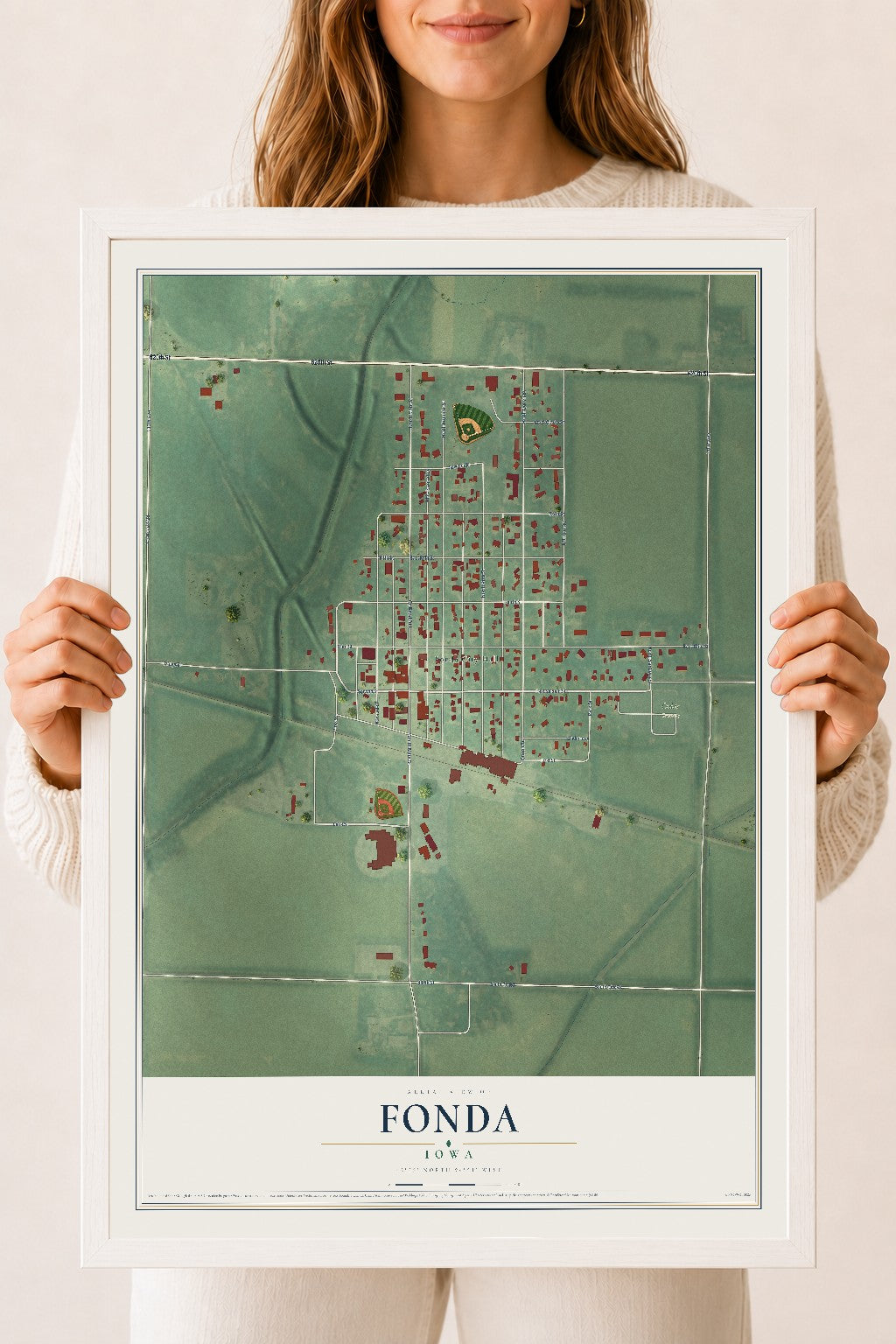 Map of Fonda, Iowa, 18 x 24 inch print in a white wood frame