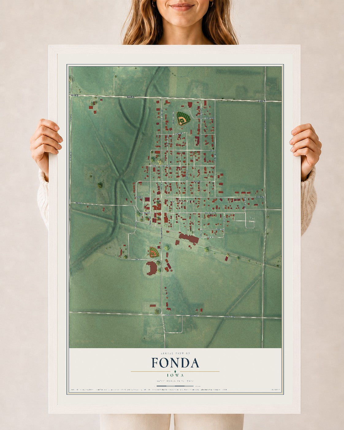 Map of Fonda, Iowa, 24 x 36 inch print in a white wood frame
