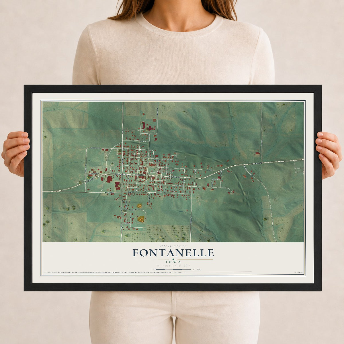 Map of Fontanelle, Iowa, 12 x 18 inch print in a black wood frame