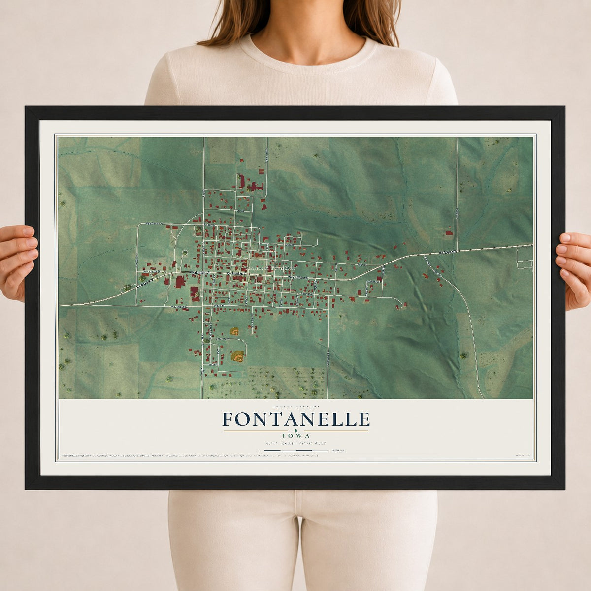 Map of Fontanelle, Iowa, 18 x 24 inch print in a black wood frame