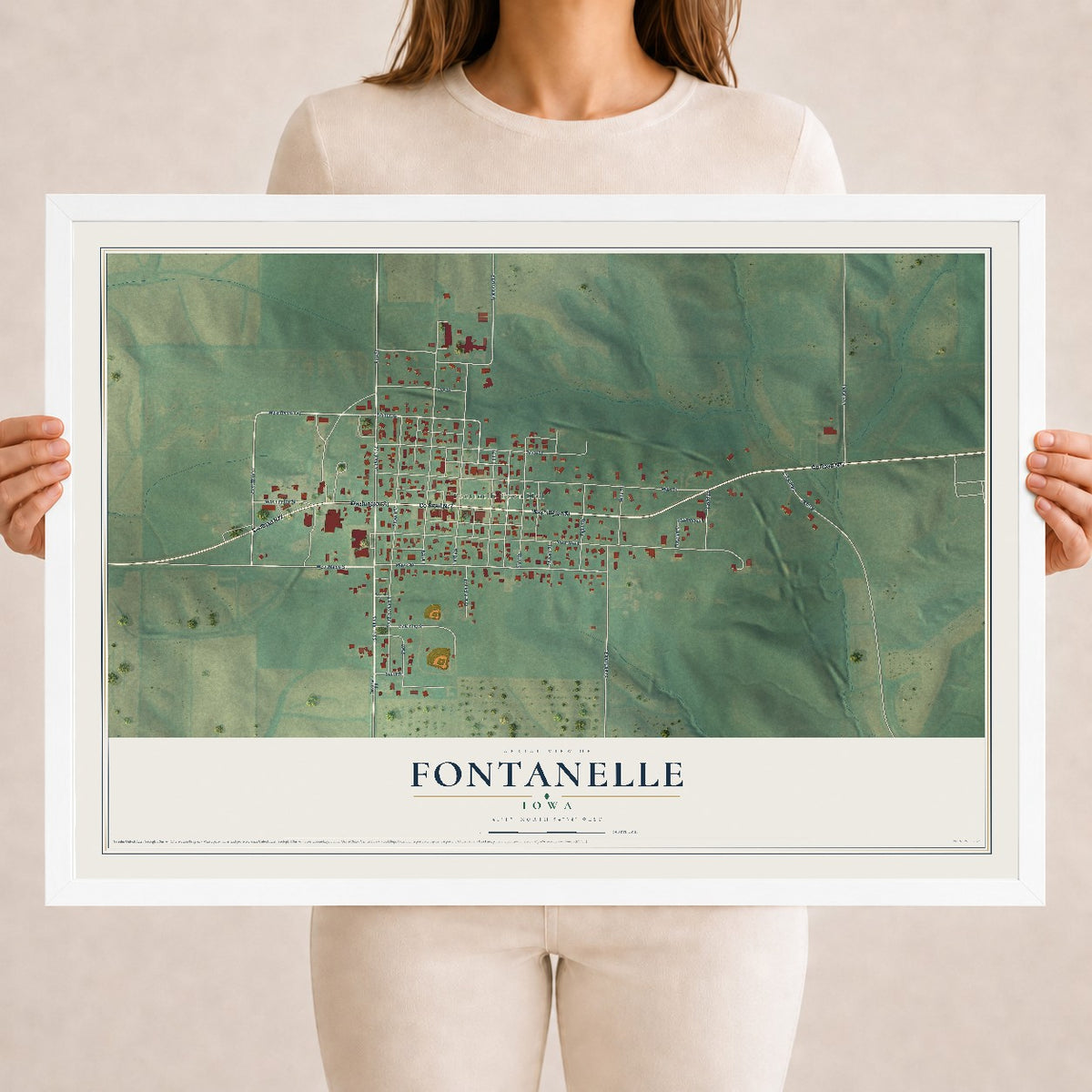 Map of Fontanelle, Iowa, 18 x 24 inch print in a white wood frame