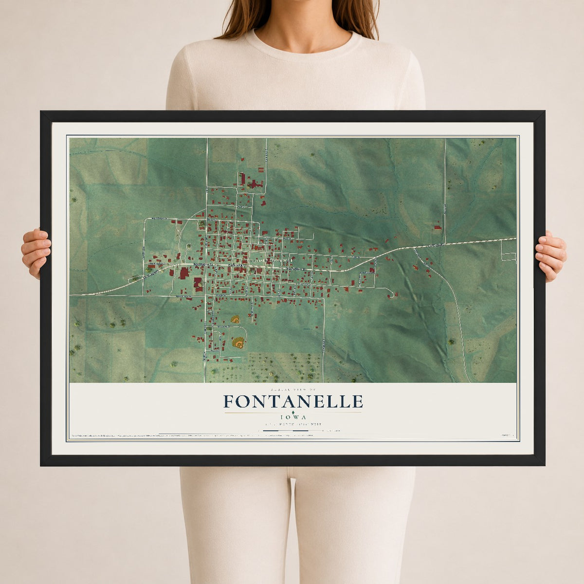 Map of Fontanelle, Iowa, 24 x 36 inch print in a black wood frame
