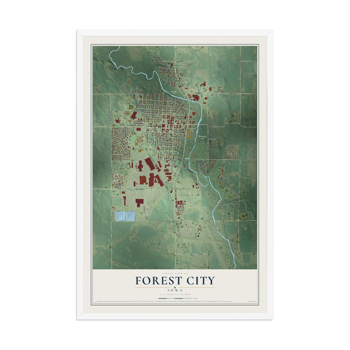 Map of Forest City, Iowa, 12 x 18 inch print in a white wood frame