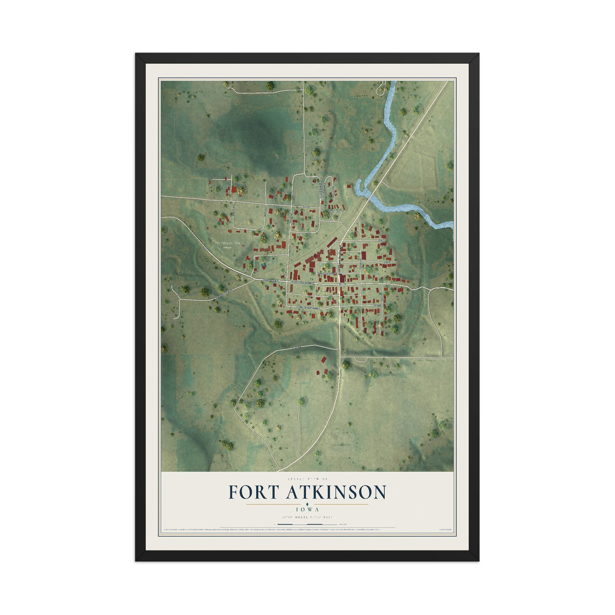 Map of Fort Atkinson, Iowa, 12 x 18 inch print in a black wood frame