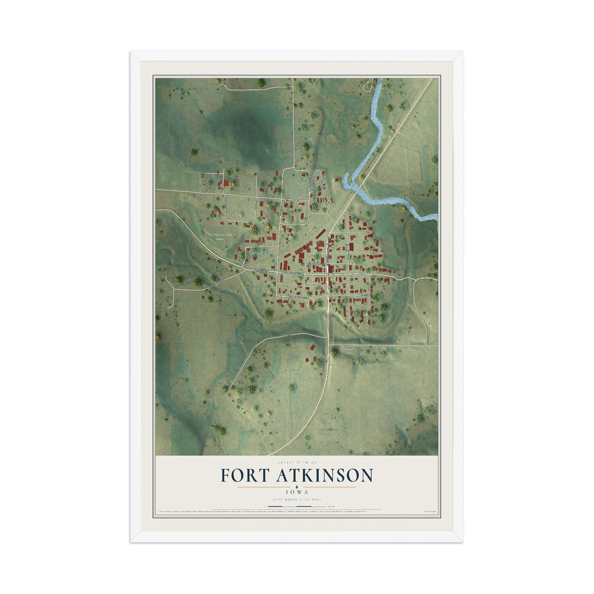 Map of Fort Atkinson, Iowa, 12 x 18 inch print in a white wood frame