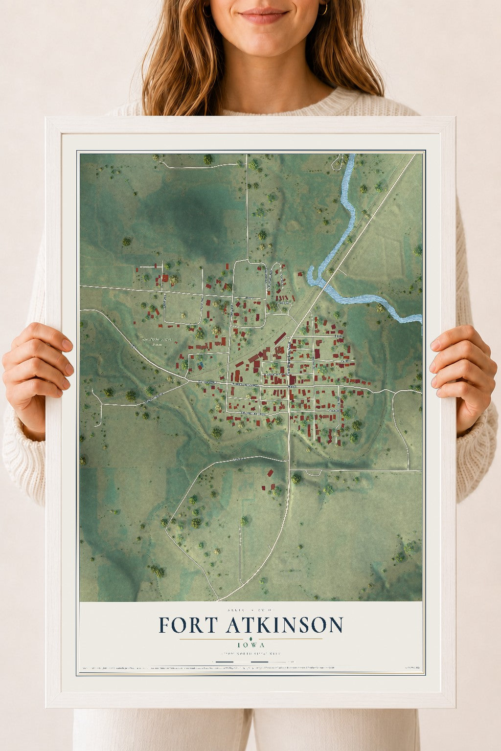 Map of Fort Atkinson, Iowa, 18 x 24 inch print in a white wood frame
