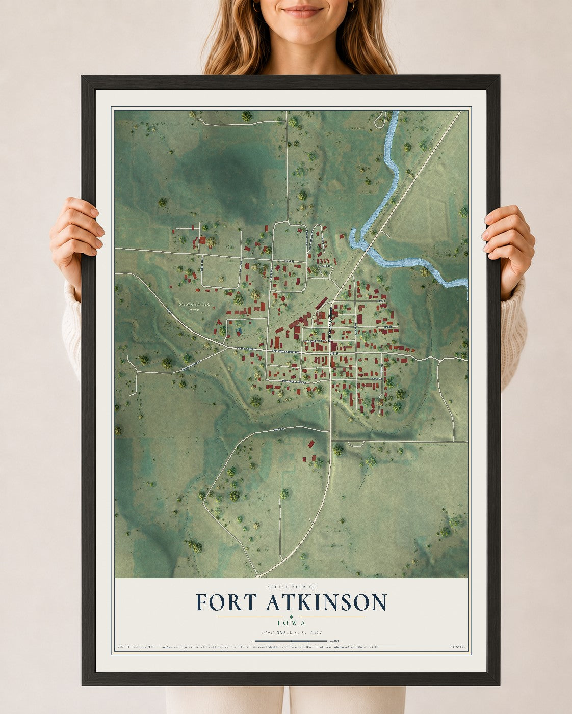 Map of Fort Atkinson, Iowa, 24 x 36 inch print in a black wood frame
