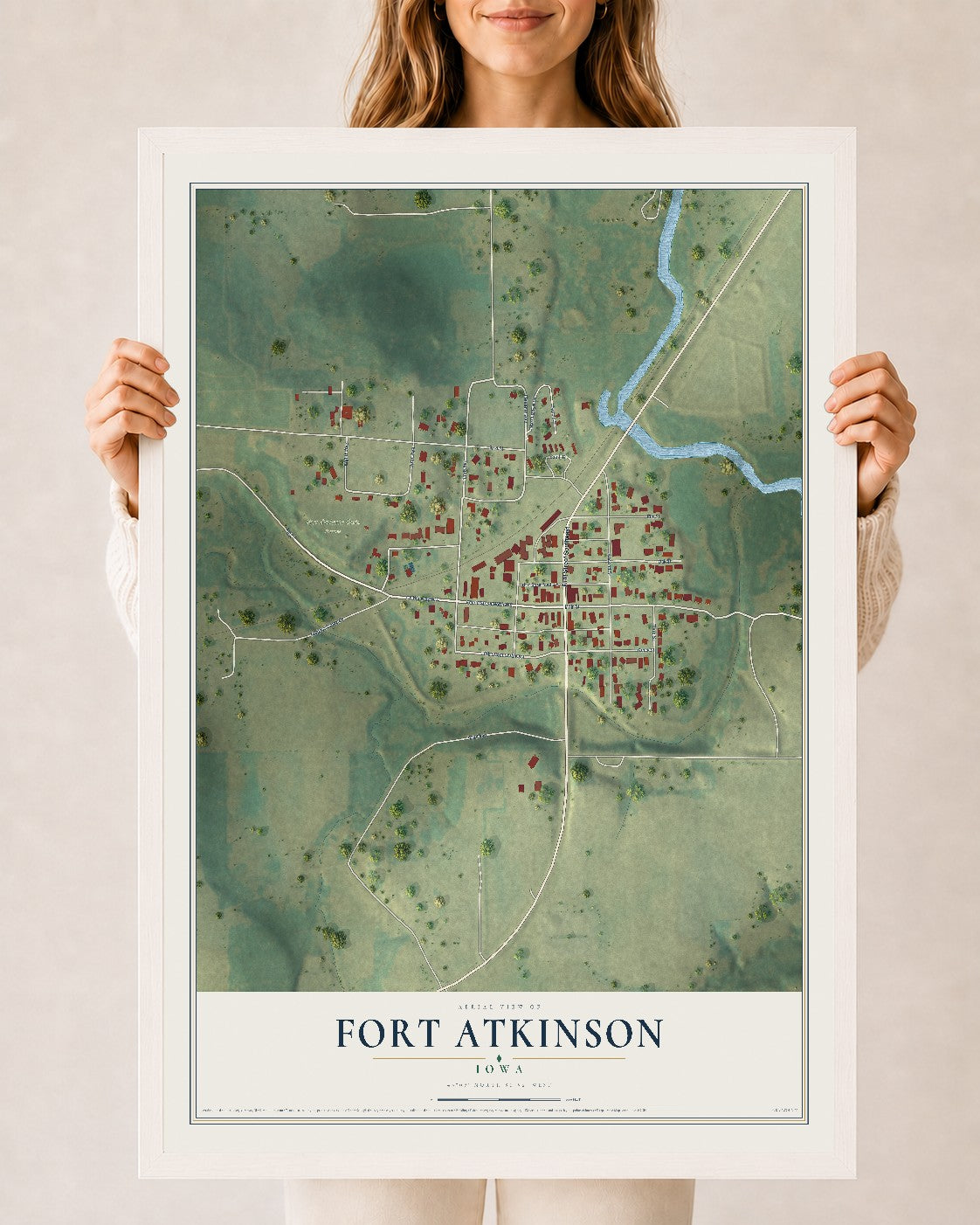 Map of Fort Atkinson, Iowa, 24 x 36 inch print in a white wood frame