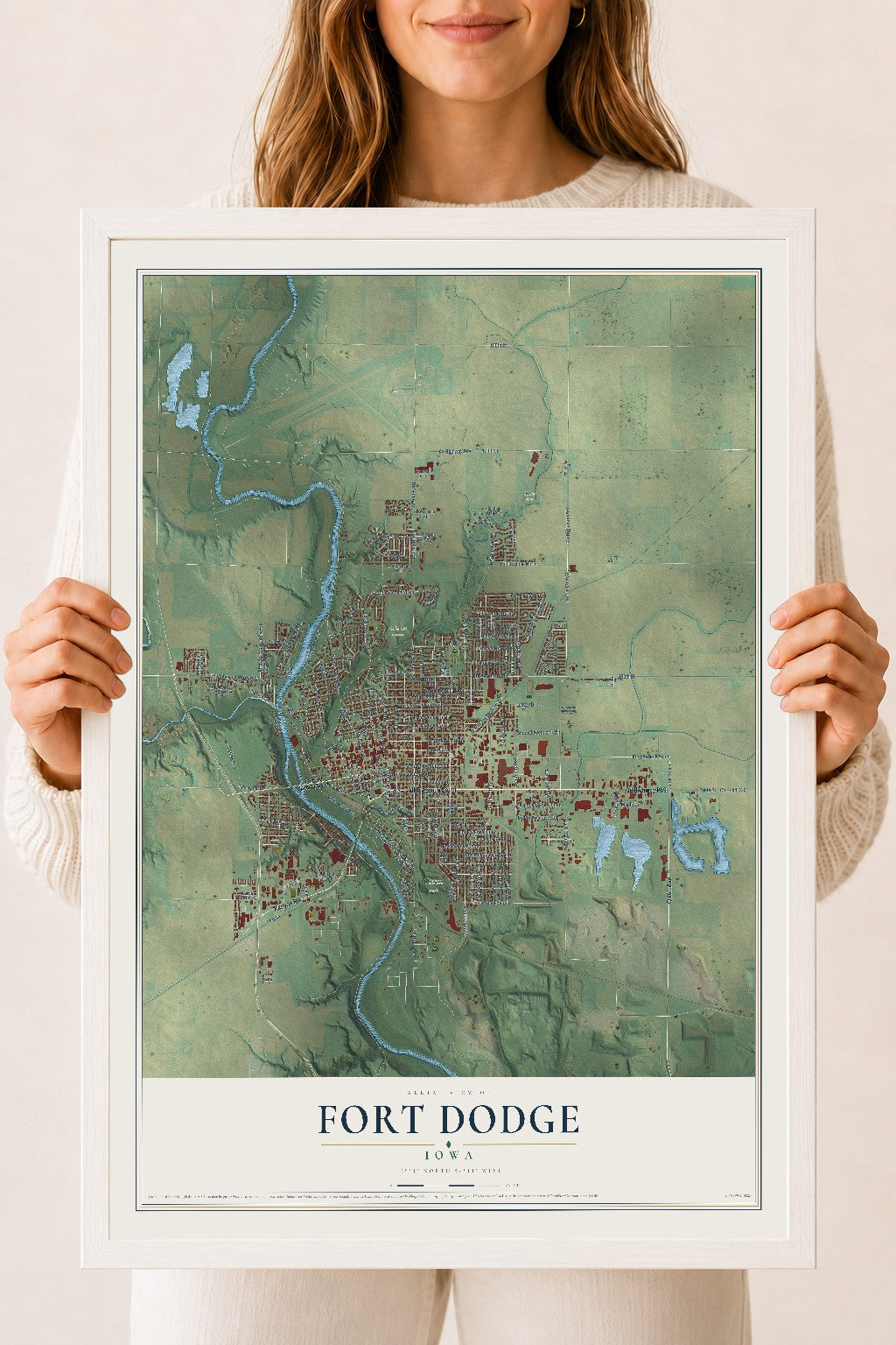 Map of Fort Dodge, Iowa, 18 x 24 inch print in a white wood frame